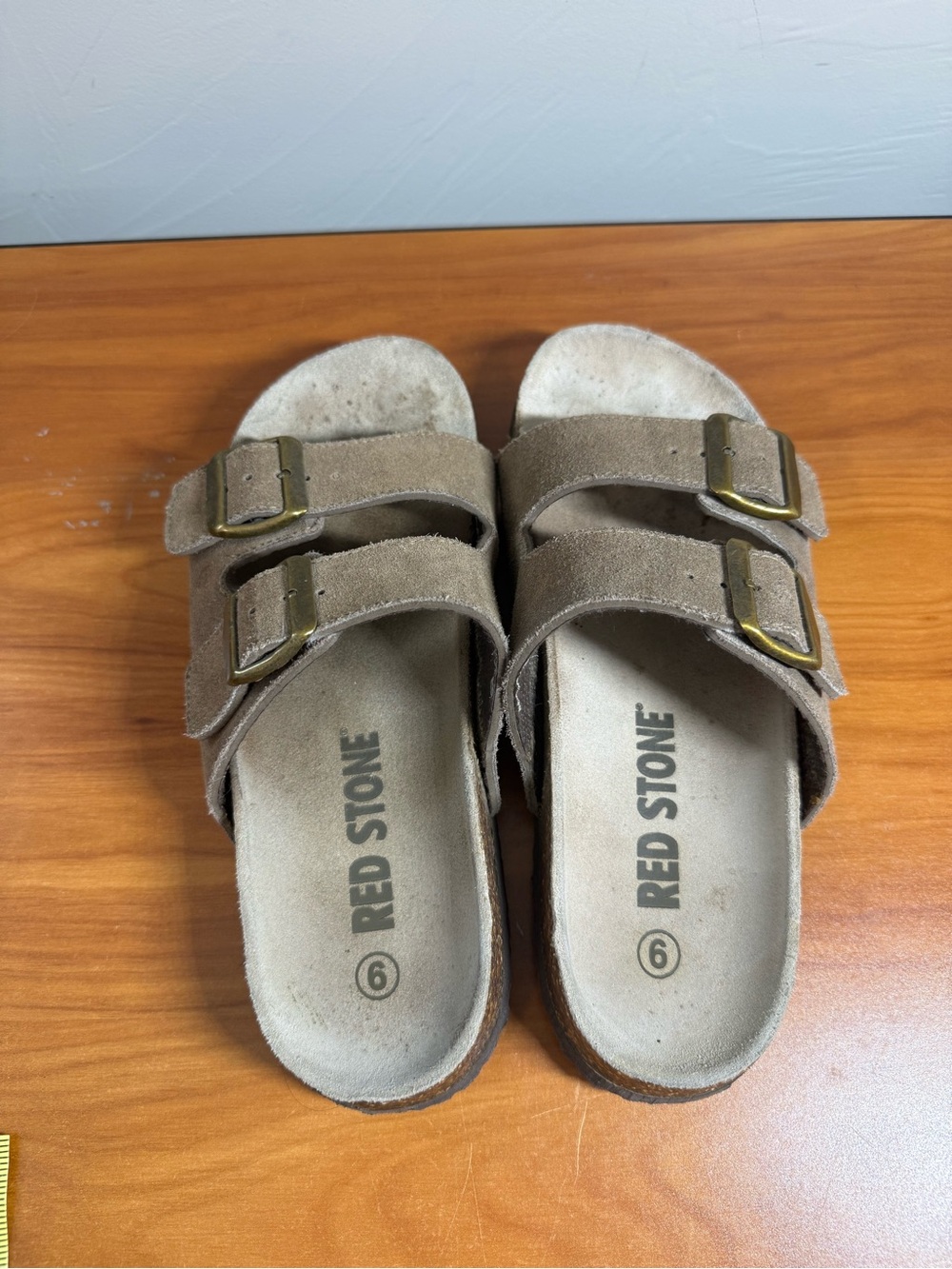 Red Stone Double Buckle Strap Slip on Sandal Suede Brown W9 - Picture 5 of 7